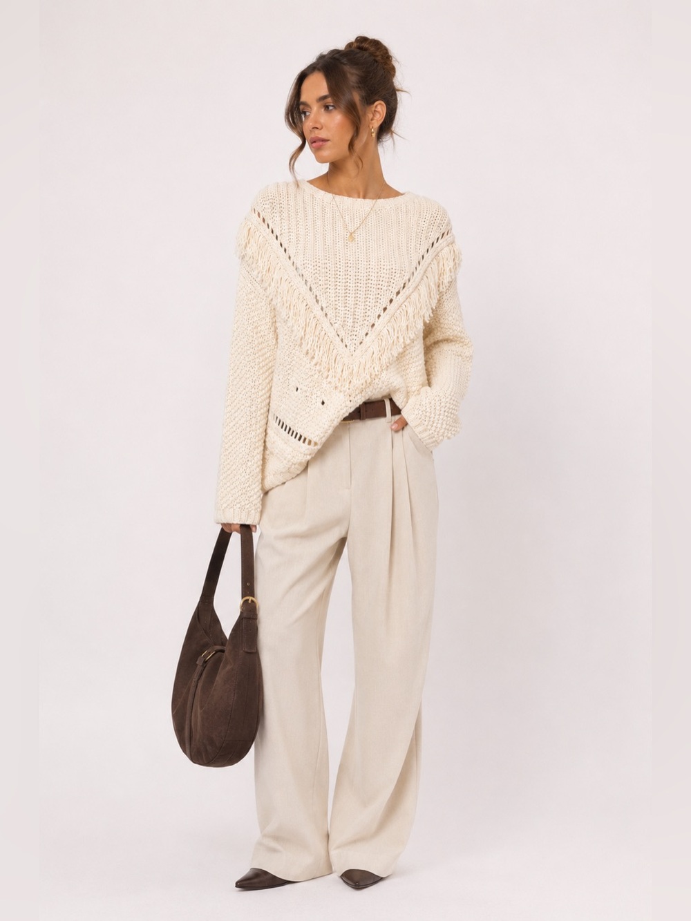 H&M Cream Off-the-Shoulder Fringe Knit Sweater